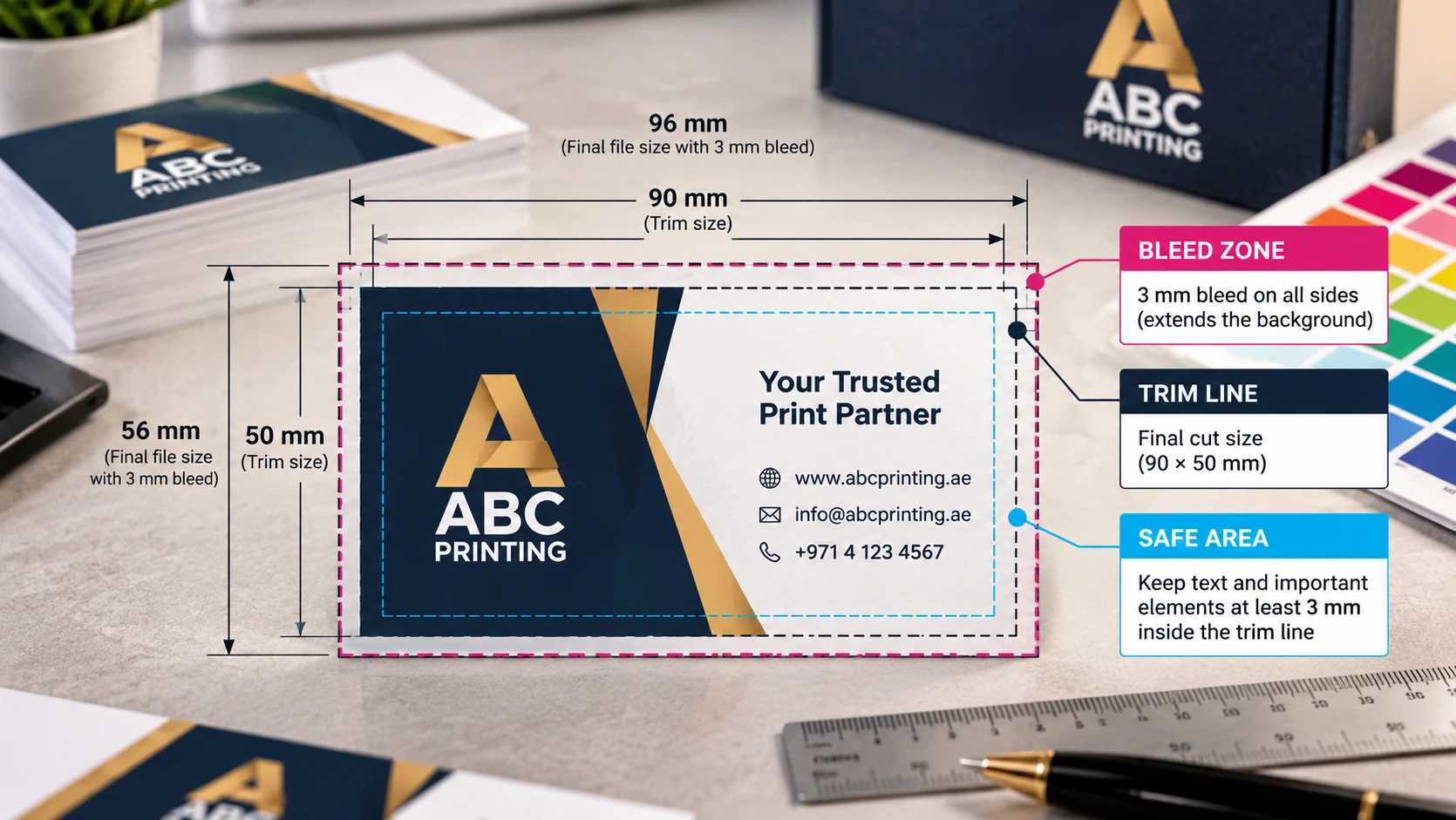 Diagram of a business card showing the 3 mm bleed, the trim line and the safe area inside it