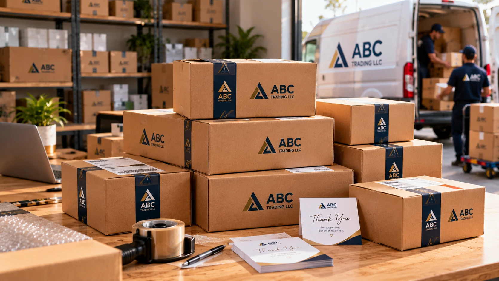 Several branded mailer boxes stacked and ready for courier collection 