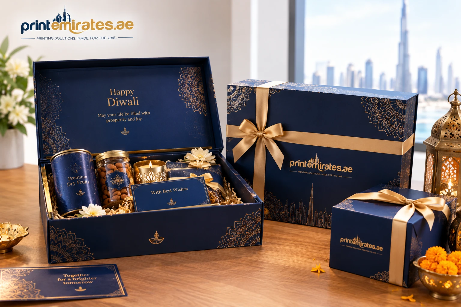 Diwali gift hampers with printed boxes and ribbon packaging arranged on a table