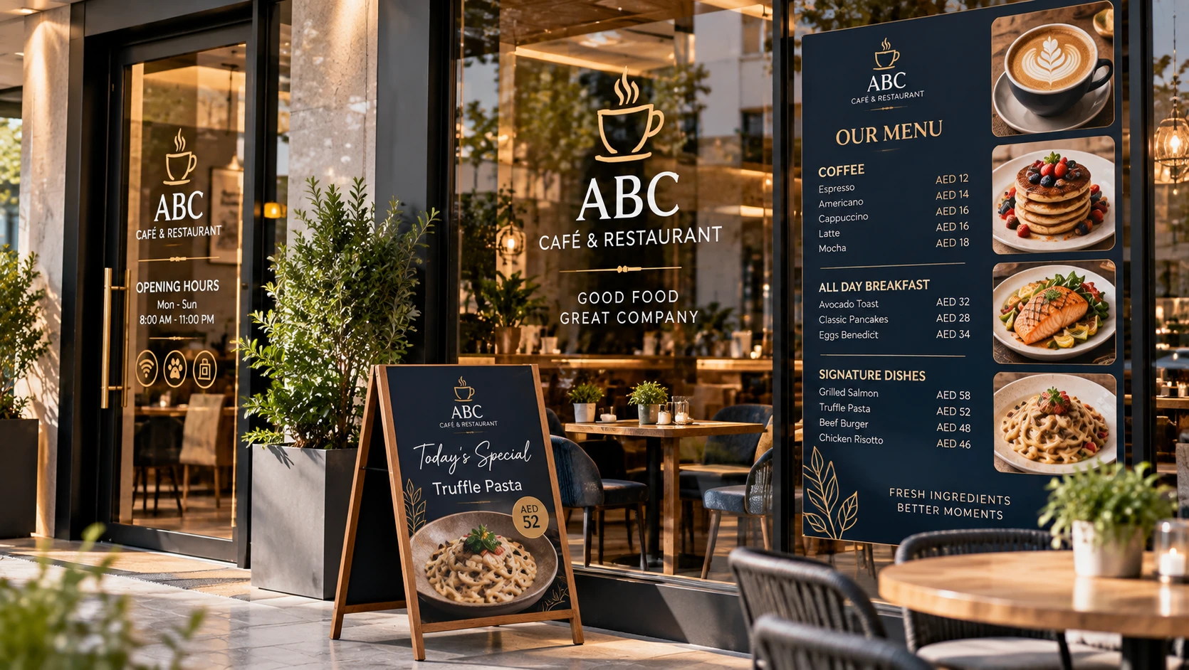 Cafe storefront window showing branded signage and a menu display