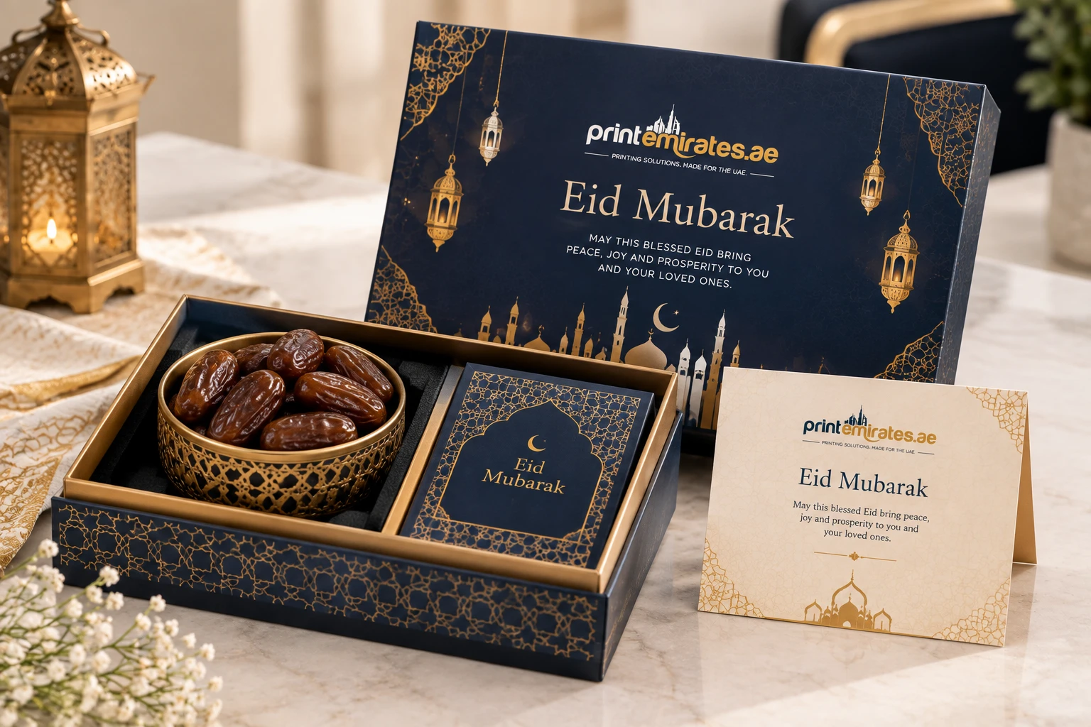 Open printed gift box holding dates and a folded greeting card