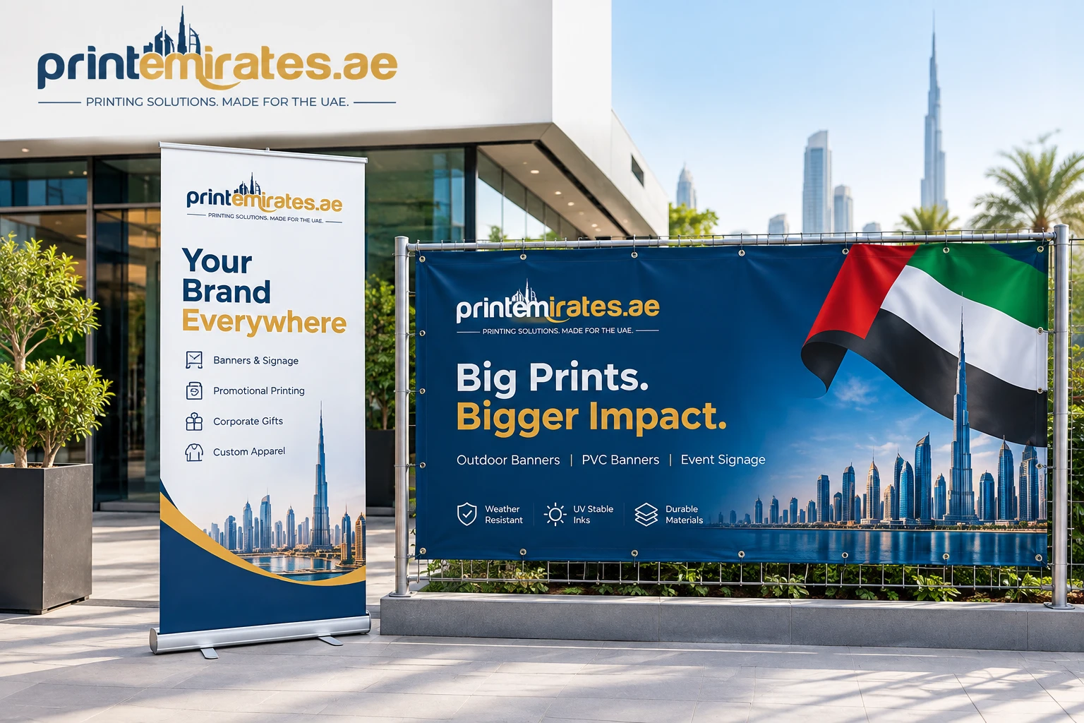 A retractable roll-up banner stand next to an outdoor PVC banner with eyelets, shown side by side.