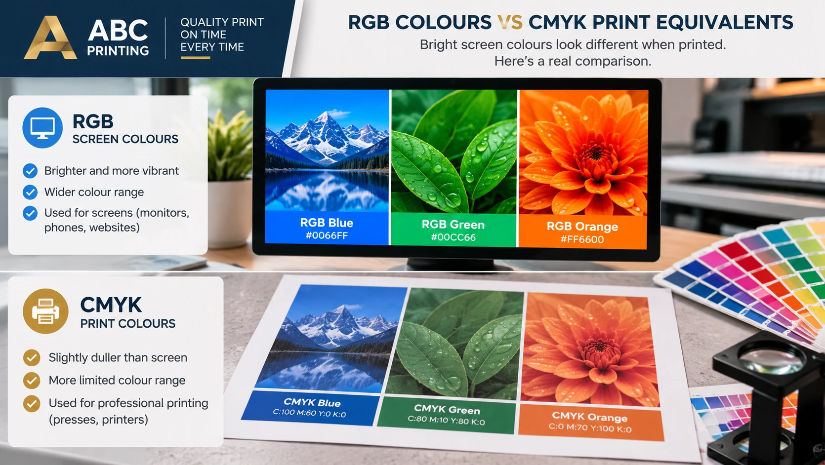 Two rows of colour swatches comparing bright screen colours with duller printed CMYK versions