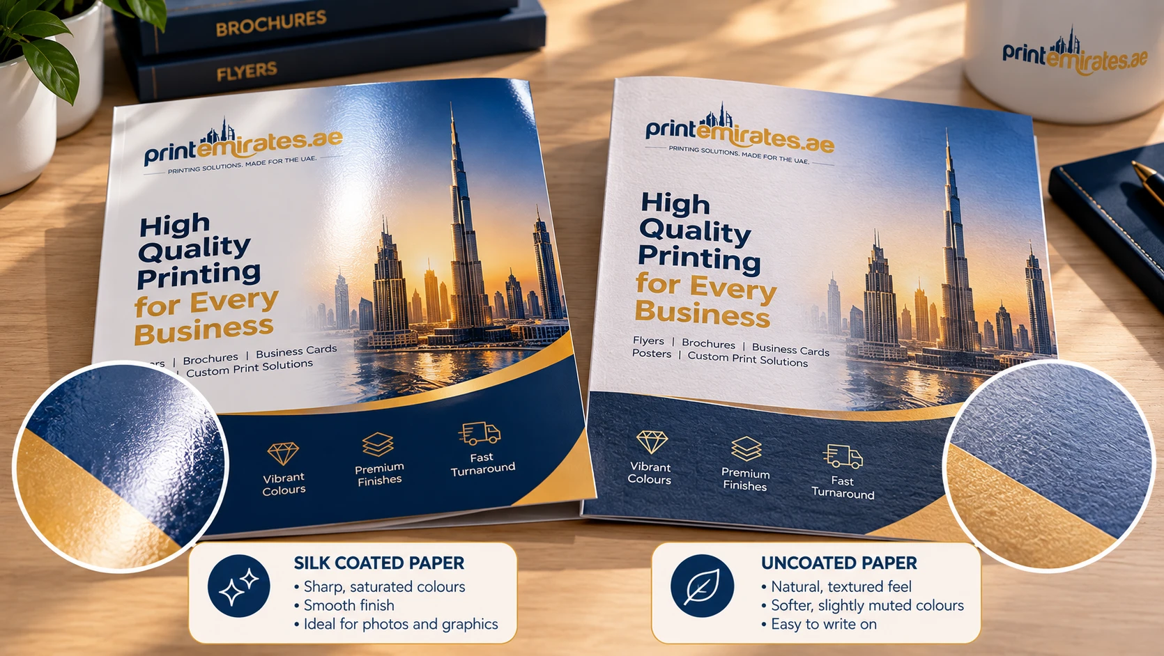 Same brochure design printed on silk coated paper and uncoated paper side by side