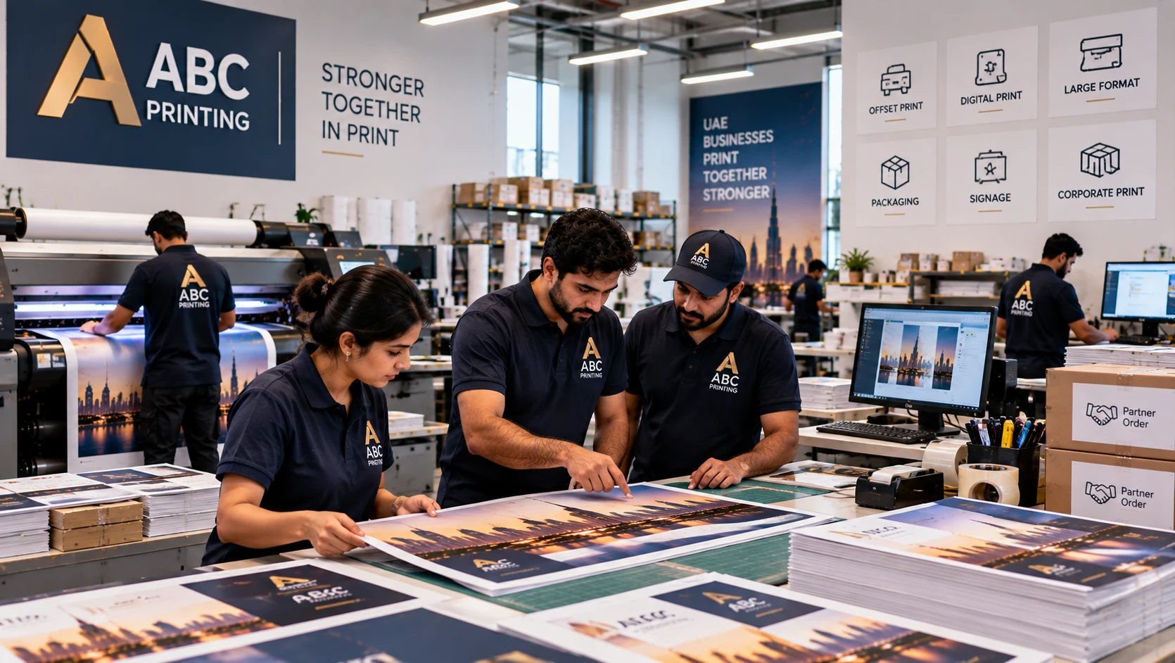 Team of print shop staff working together on a production order