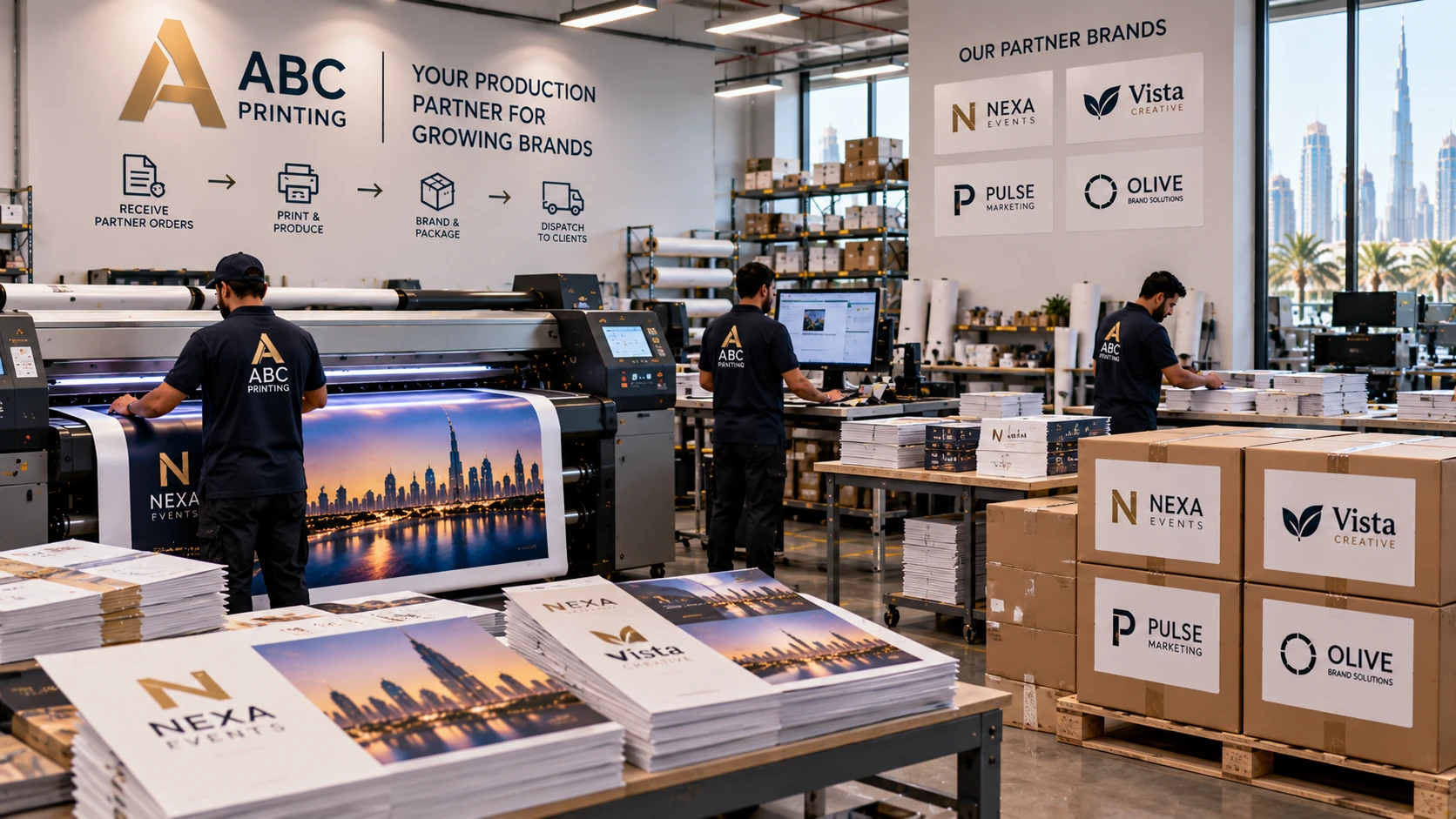 Print shop production floor with equipment running orders for a partner brand