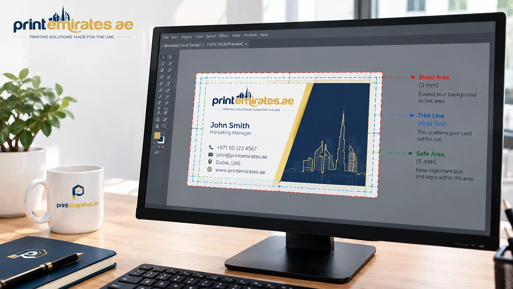 Business card design on a screen showing bleed and safe area guide lines 