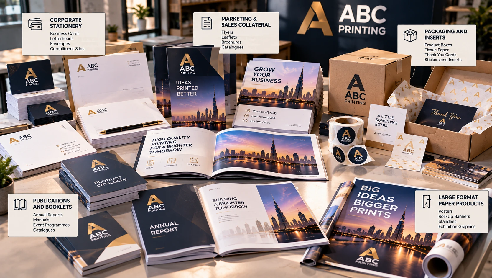 Assortment of printed business cards, brochures, stickers and packaging inserts