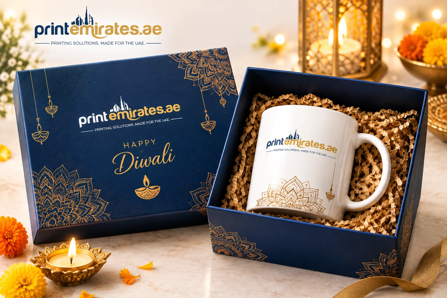 Printed corporate gift box open beside a branded ceramic mug