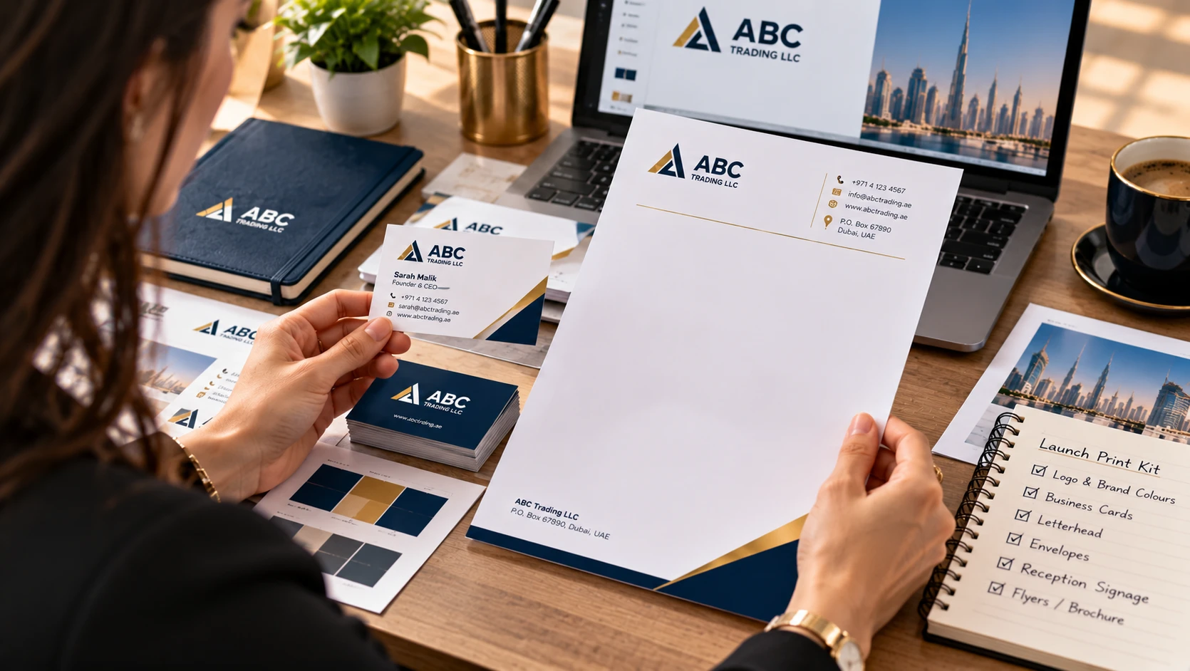 Person reviewing printed business card and letterhead samples on a desk