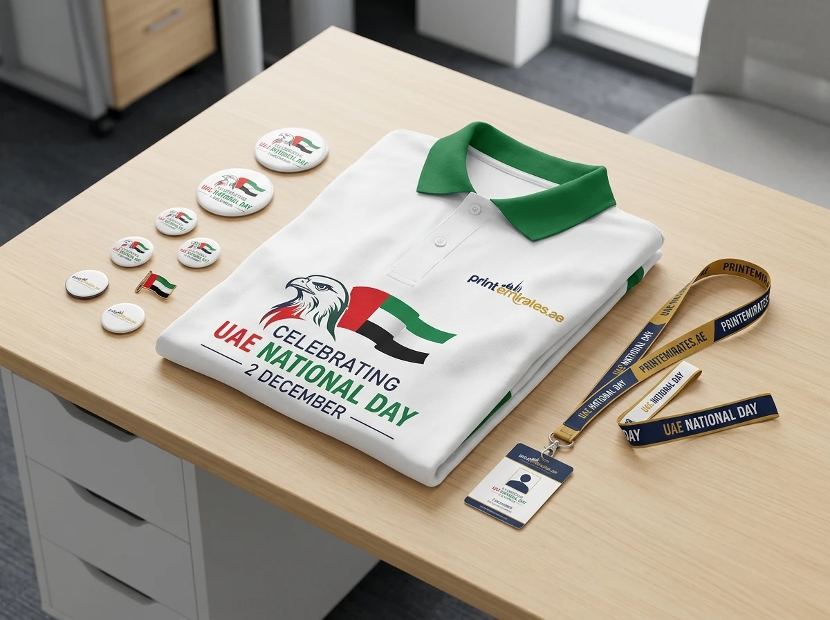 UAE-colour branded t-shirt folded beside printed badges and a lanyard