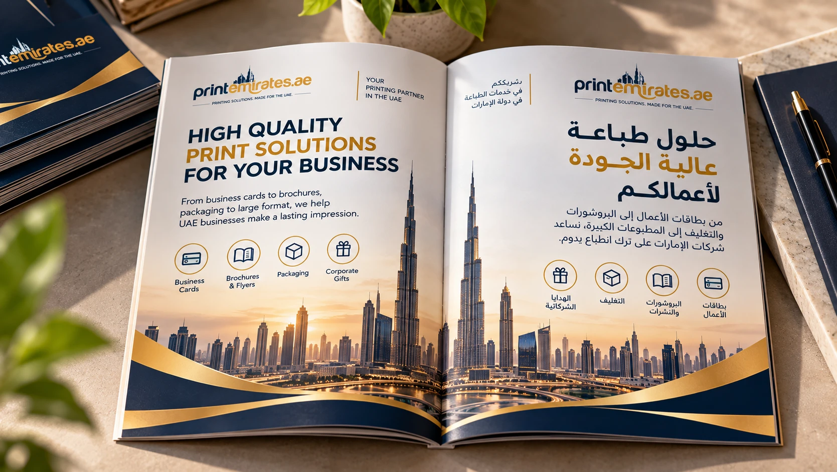 Open brochure showing Arabic text on the right page and English text on the left