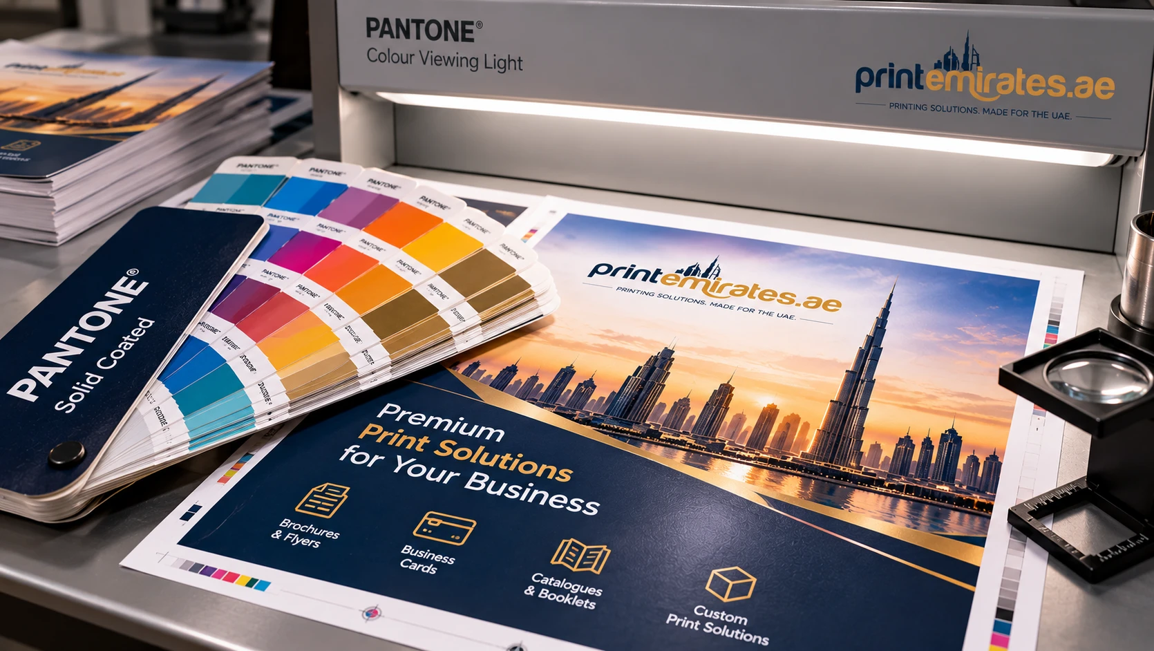 Pantone swatch book placed on a printed brochure proof for color checking