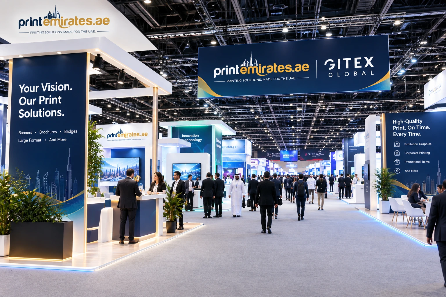 Wide shot of an exhibition hall with branded booths and banners at a Dubai trade show