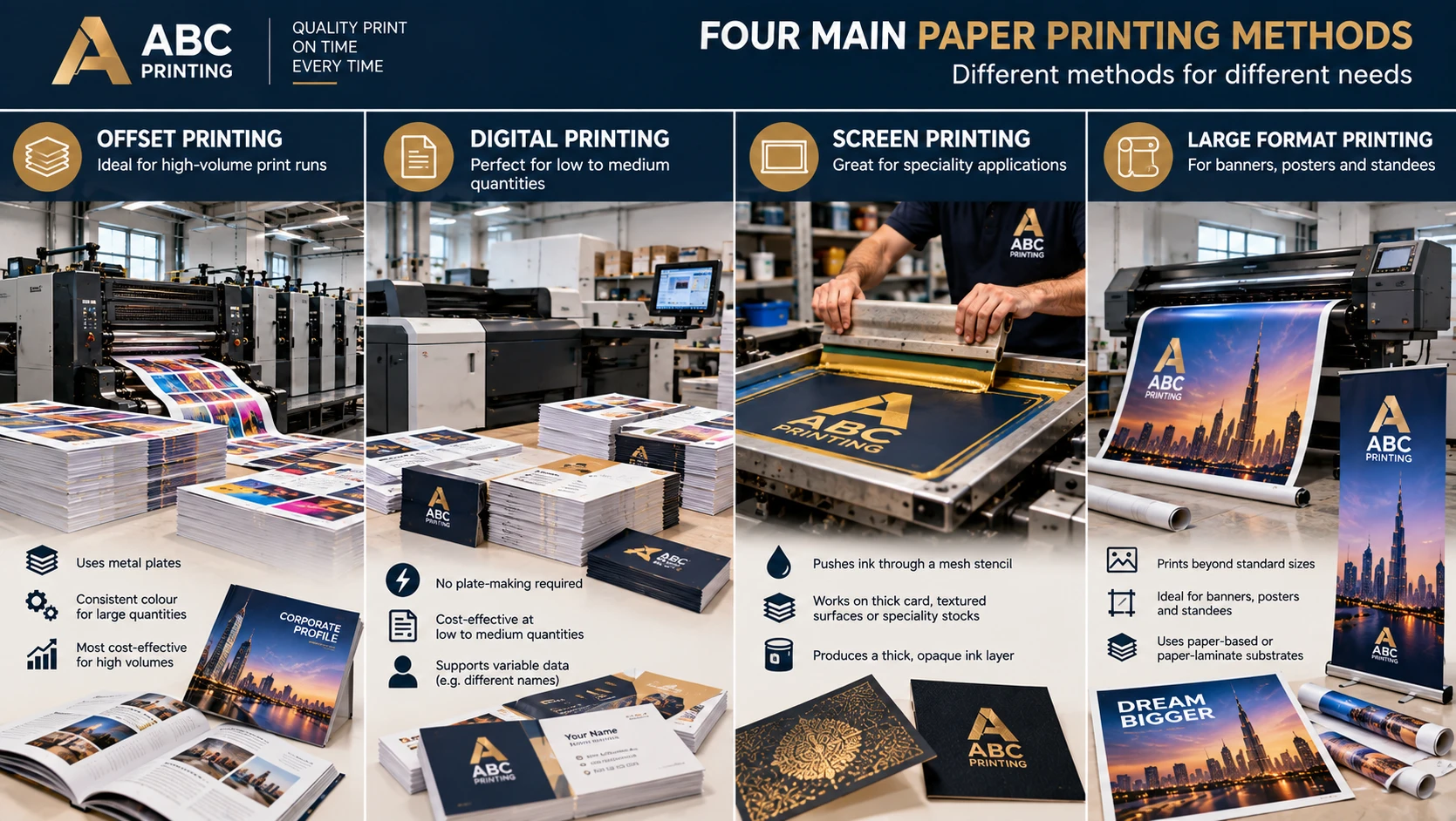 Illustration comparing offset, digital, screen and large-format printing equipment