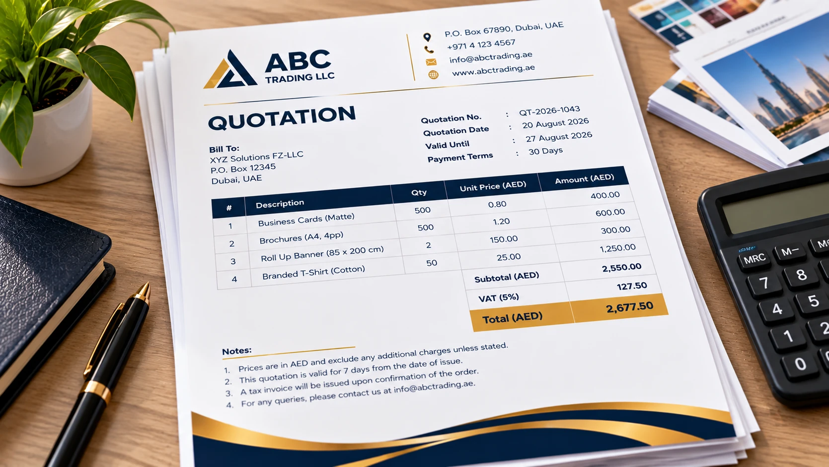 Printed quotation document showing a subtotal, VAT amount and total separately
